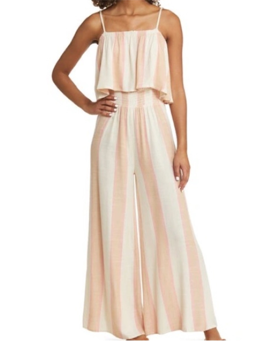 Rip Curl Striped Off-Shoulder Wide-Leg Jumpsuit in Cream & Pink